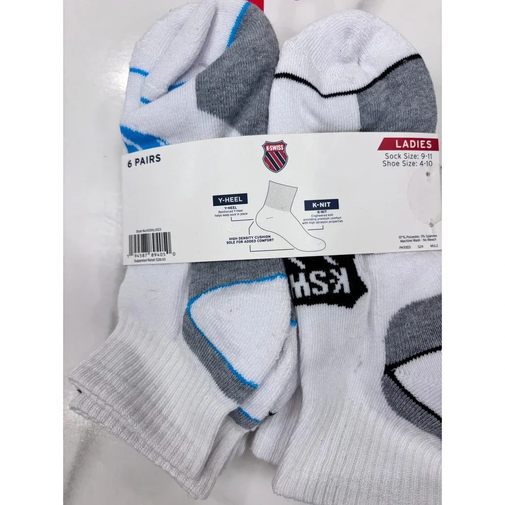 K-Swiss Ladies 6 Pair Ankle Socks White Gray Multi Shoe Size 4-10
